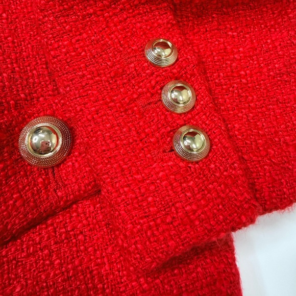 Cropped Red Blazer Boucle Crop Short Jacket Chic Ruby Rose Tweed Suit Notch Crew - Picture 10 of 17